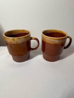 Brown Ceramic Drip Glazed Coffee Mug - Set of 2 Vintage 1970s MCM Stackable